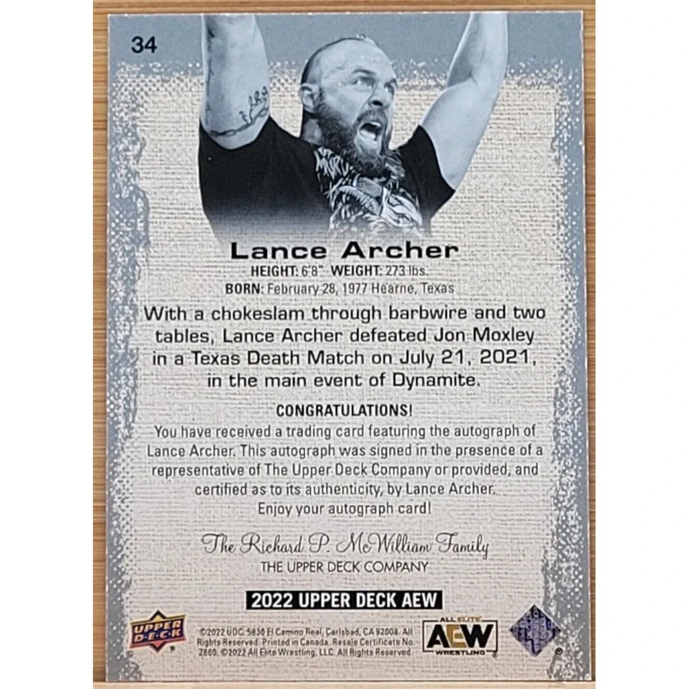 2022 UPPER DECK AEW LANCE ARCHER PYRO AUTO #D/25 AUTOGRAPH‎ SP